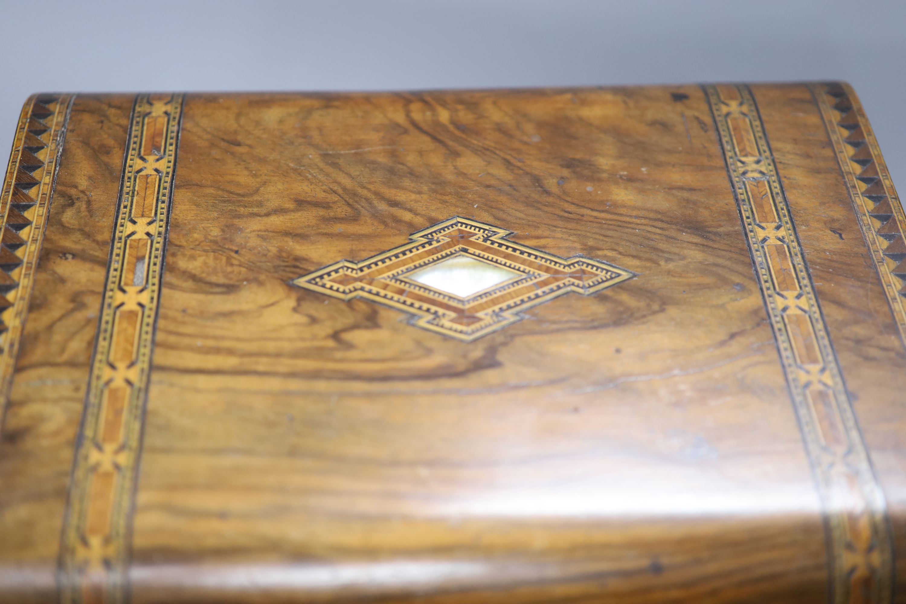 A Victorian walnut and German bandwork box, 29.5cm (interior fittings deficient)